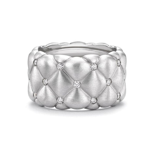 Fabergé Jewelry - Treillage 18K Brushed White Gold Diamond Wide Quilted Ring | Manfredi Jewels