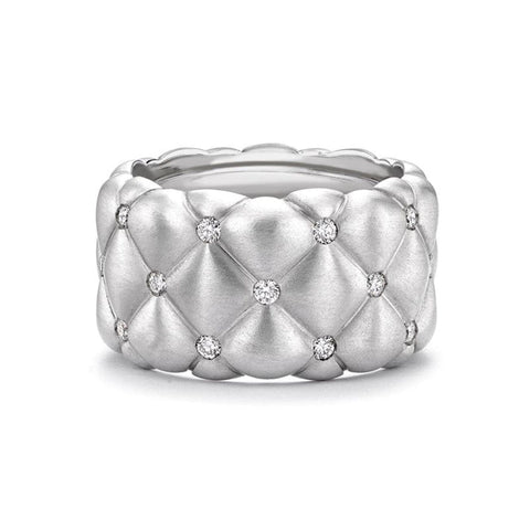 Treillage 18K Brushed White Gold Diamond Wide Quilted Ring