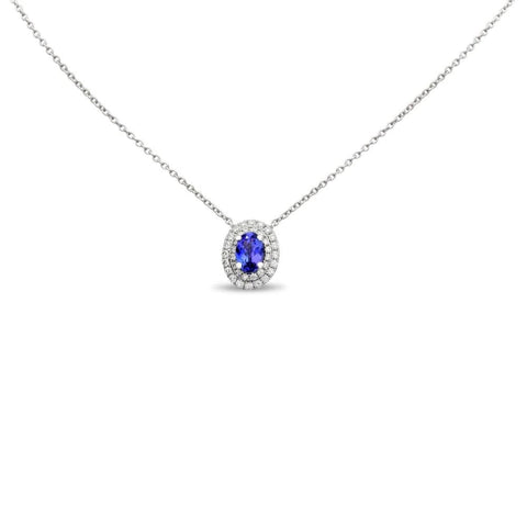 14KT WHITE GOLD  BLUE SAPPHIRE AND DIAMONDS PENDANT NECKLCE