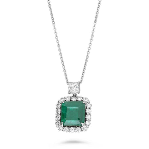 18K White Gold Emerald and Diamond Pendant Necklace