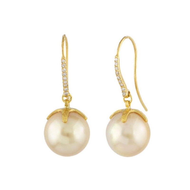 Gurhan Jewelry - Golden cultured pearl with pave diamond hook earrings | Manfredi Jewels