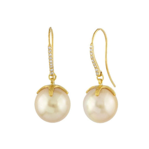 Golden cultured pearl with pave diamond hook earrings