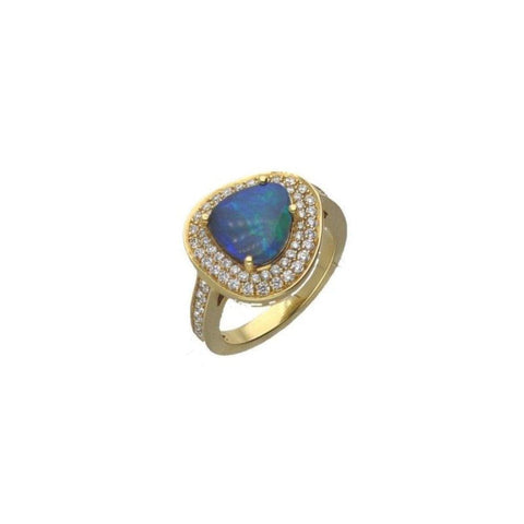 18K YELLOW GOLD OVAL BLACK OPAL RING WITH 2 ROWS OF DIAMONDS