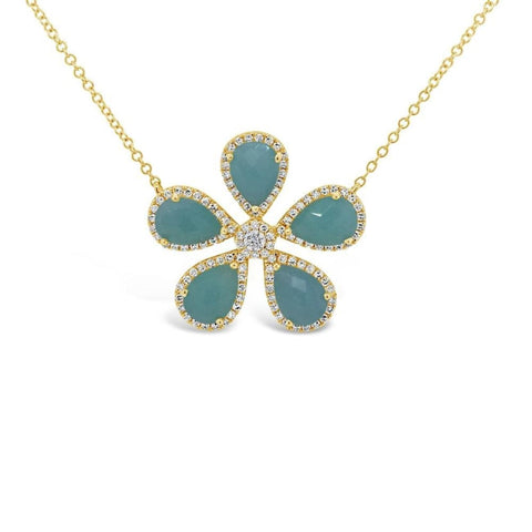 0.38CT DIAMOND AND 3.36CT AMAZONITE 14K YELLOW GOLD FLOWER NECKLACE