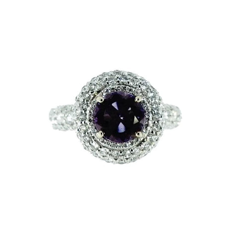 18k White Gold Round Amethyst Pave Diamond Ring