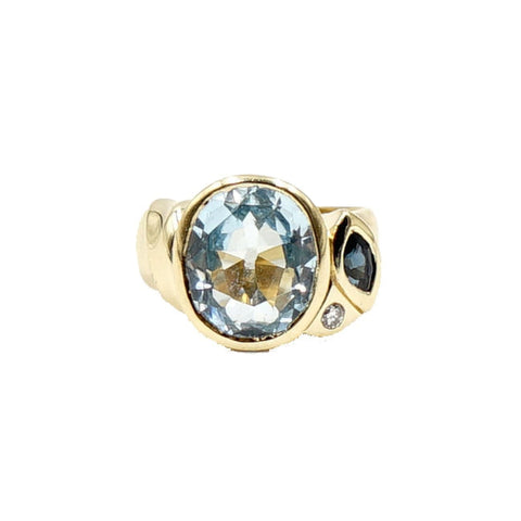 18K Yellow Gold Blue Topaz, Diamond and Sapphire Ring