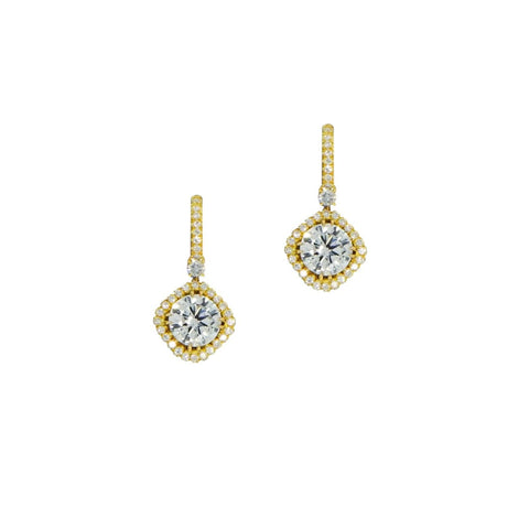 18K Yellow Gold Dangle Halo Diamond Earrings