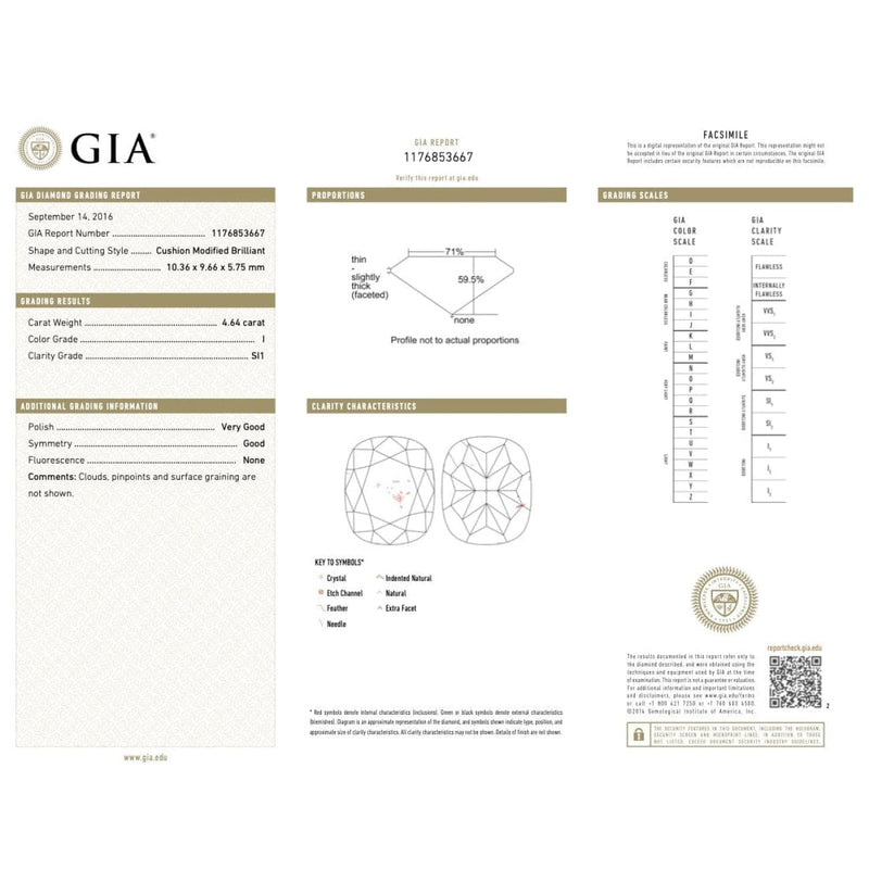 Manfredi Jewels Engagement - GIA 4.64 carat Cushion shaped Diamond Platinum Ring