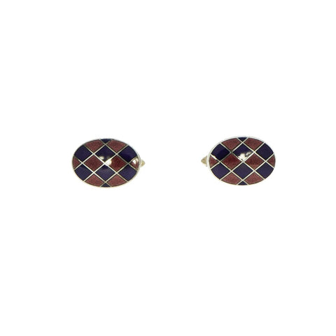 Harlequin Enameled Oval Sterling Silver Cufflinks
