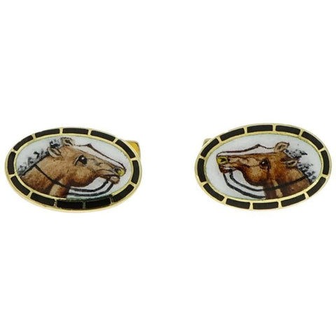 Horse Enameled Oval Shaped Yellow Gold Cufflinks