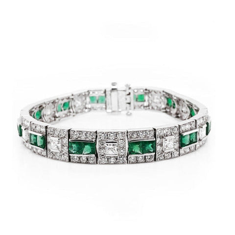 ZAMBIAN PRINCESS CUT EMERALDS 6.28 CT DIAMOND PLATINUM BRACELET