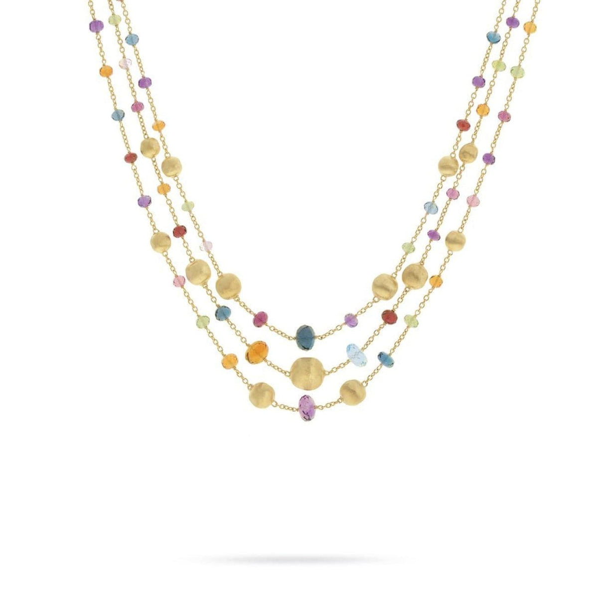 Marco Bicego Jewelry - 18K Yellow Gold and Multi-Colored Gemstone Triple Strand Statement Necklace | Manfredi Jewels
