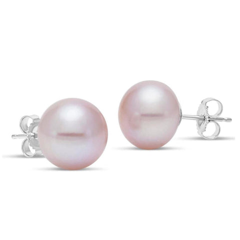 14KT WHITE GOLD 9.5-10MM FRESH WATER PINK BUTTON PEARL STUD EARRINGS