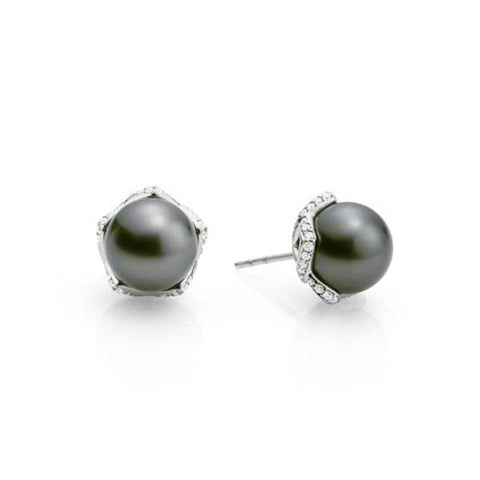 BLACK SOUTH PEARL AND DIAMOND STUD EARRINGS