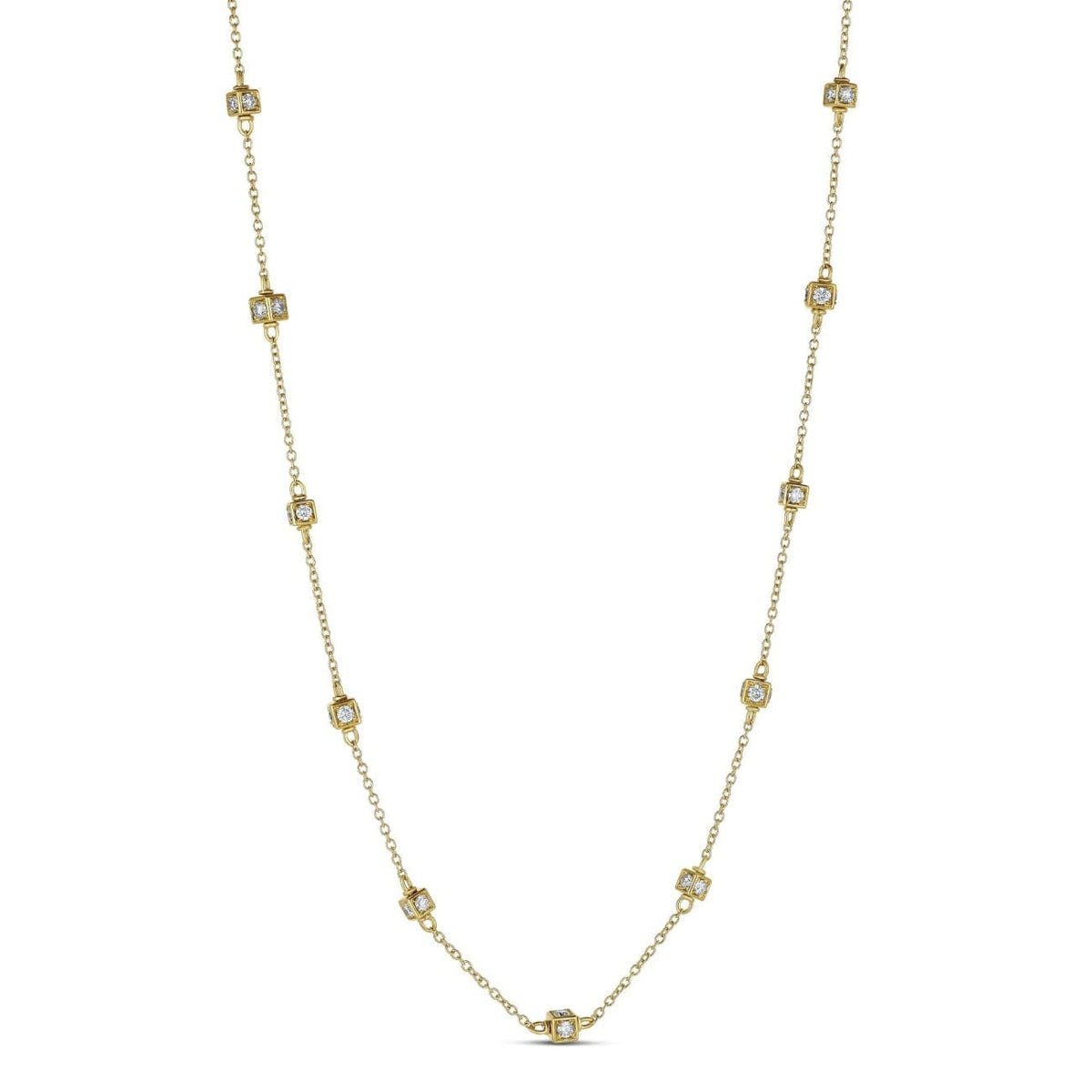 Miseno Jewelry - Faro long necklace in 18K yellow gold with multi cube stations set with diamonds | Manfredi Jewels