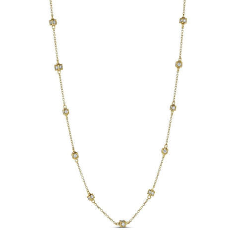Faro long necklace in 18K yellow gold with multi cube stations set with diamonds