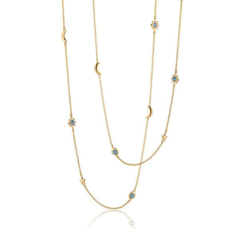 Monica Rich Kosann Jewelry - 18KT Yellow Gold 36’ Sun Moon and Stars Necklace with London Blue Topaz | Manfredi Jewels