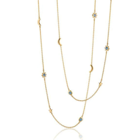 18KT Yellow Gold 36" Sun, Moon, and Stars Necklace with London Blue Topaz
