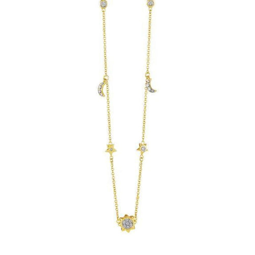 Monica Rich Kosann Jewelry - 18KT Yellow Gold and Diamond 16’ Sun Moon Star Necklace | Manfredi Jewels