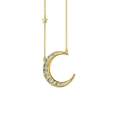 18KT Yellow Gold Diamond and Opal Crescent Moon Necklace