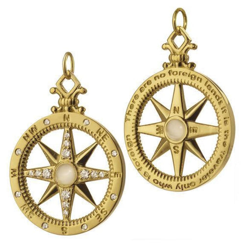 Monica Rich Kosann Jewelry - 18KT Yellow Gold Global Compass Charm with Center Cabochan Moonstone and Diamonds | Manfredi Jewels