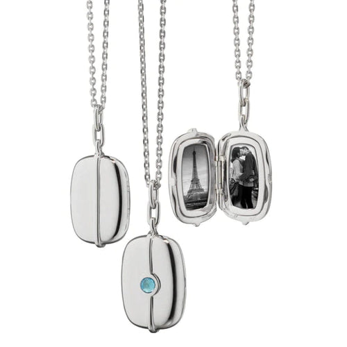 Monica Rich Kosann Jewelry - RECTANGLE LOCKET NECKLACE WITH BLUE TOPAZ in Sterling Silver | Manfredi Jewels