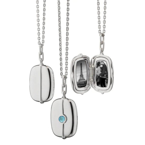 RECTANGLE LOCKET NECKLACE WITH BLUE TOPAZ in Sterling Silver
