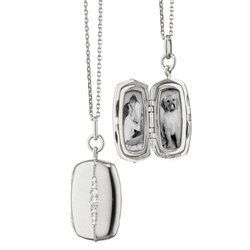 Monica Rich Kosann Jewelry - SLIM RECTANGLE ’KATE’ LOCKET NECKLACE in Sterling Silver with Sapphires | Manfredi Jewels