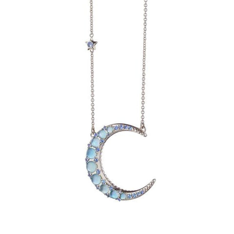 Sterling Silver Crescent Moon Necklace with Blue Topaz and Blue Sapphire