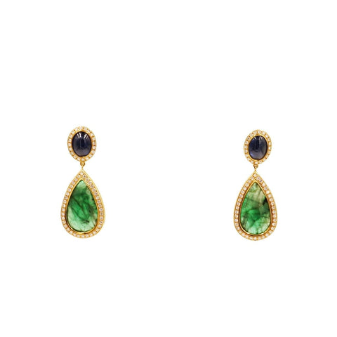 Emerald & Sapphire Yellow Gold Drop Earrings