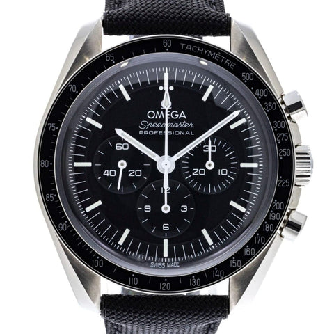Omega Speedmaster Professional Moon Watch Master Chronometer on a strap.