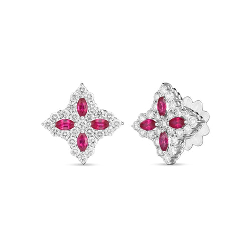 Roberto Coin Jewelry - GOLD DIA & RUBY PRINCESS FLOWER MEDIUM SIZE STUD EARRINGS | Manfredi Jewels