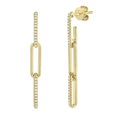14KT YELLOW GOLD PAPERCLIP DROP EARRINGS SET WITH DIAMONDS