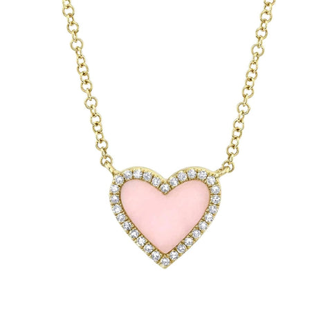 14KT YELLOW GOLD  PINK OPAL HEART PENDANT NECKLACE