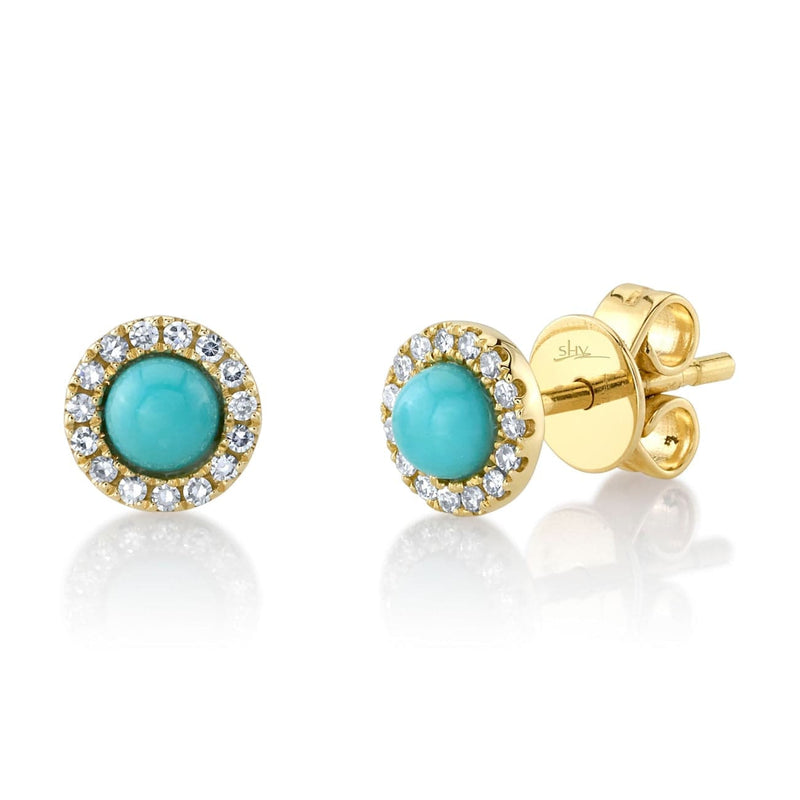 Shy Creation Jewelry - 14KT YELLOW GOLD TURQUOISE CABOCHON HALO EARRINGS | Manfredi Jewels