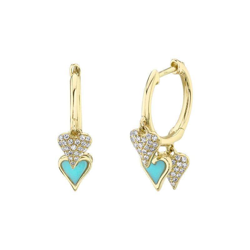 Shy Creation Jewelry - 14KT YELLOW GOLD TURQUOISE TRIPLE HEART HOOP EARRINGS | Manfredi Jewels