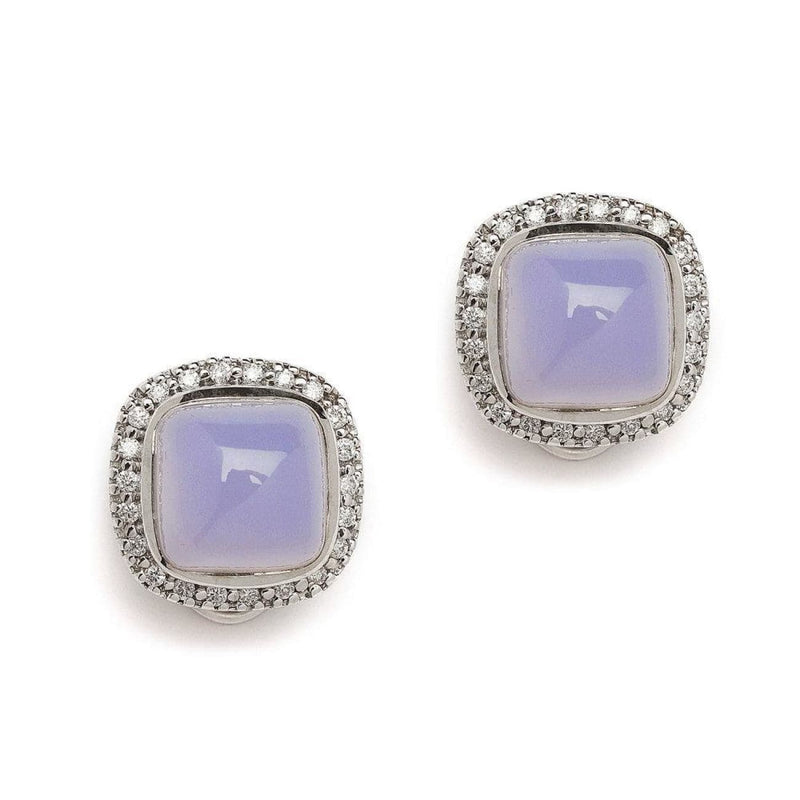 Syna Jewelry - 18KT White Gold Blue Chalcedony Cabochan Earrings Set with Champagne Diamond Halo | Manfredi Jewels