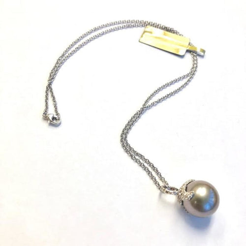 Syna Jewelry - 18KT White Gold Gray Pearl Drop Pendant Set with Champagne Diamonds | Manfredi Jewels
