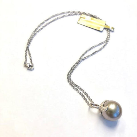 18KT White Gold Gray Pearl Drop Pendant Set with Champagne Diamonds
