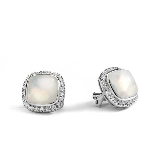 Syna Jewelry - 18KT White Gold Moon Quartz Cabochan Earrings with Champagne Diamond Halo | Manfredi Jewels