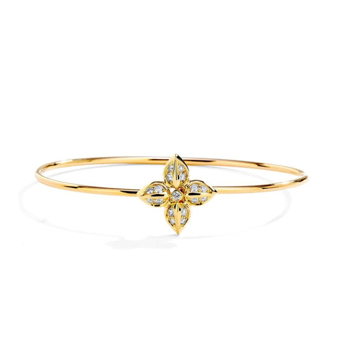 Syna Jewelry - 18KT Yellow Gold Mogul Flower Motif Bangle Bracelet with Champagne Diamonds | Manfredi Jewels