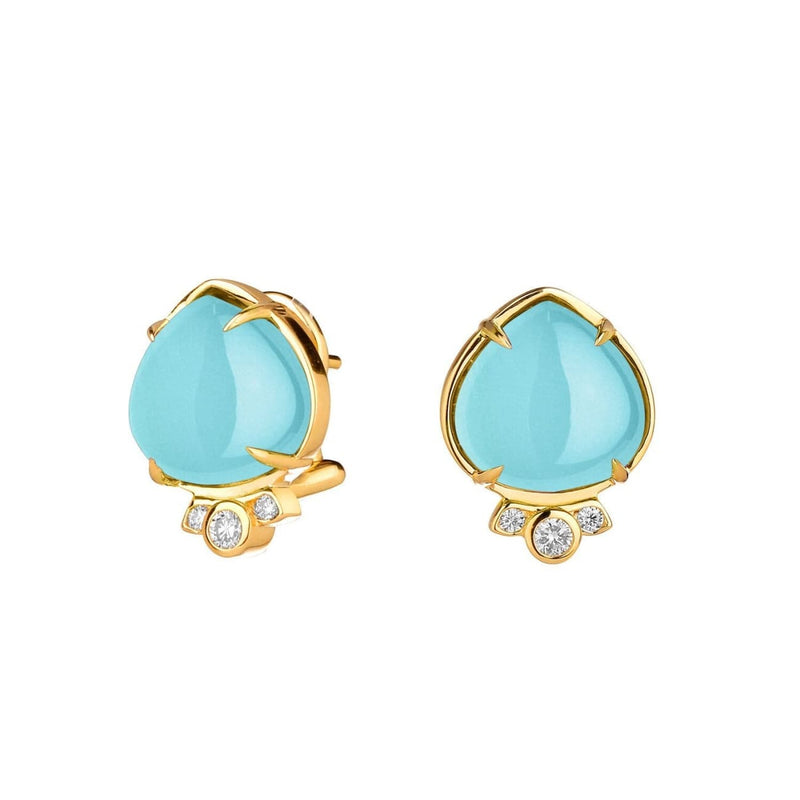 Syna Jewelry - 18KT Yellow Gold Small Aqua Chalcedony Earrings with Champagne Diamonds | Manfredi Jewels