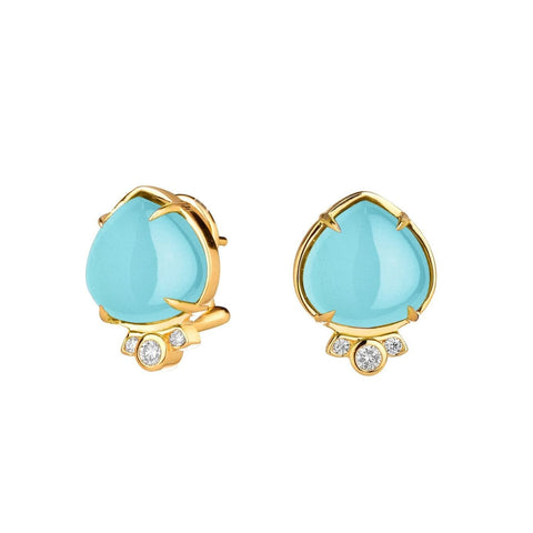 18KT Yellow Gold Small Aqua Chalcedony Earrings with Champagne Diamonds