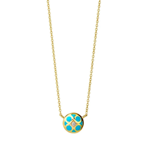 18KT Yellow Gold, Turquoise and White Reversible Enamel Necklace with Champagne Diamond Accents