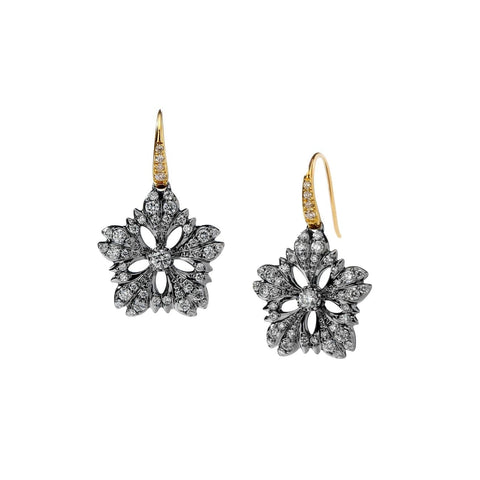 Diamond Flower Earrings in Oxidized Silver and 18k Yellow Gold