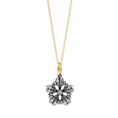 Syna Jewelry - Diamond Flower Necklace in Oxidized Silver with 18k Yellow Gold Accents | Manfredi Jewels
