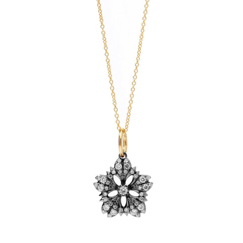 Diamond Flower Necklace in Oxidized Silver with 18k Yellow Gold Accents