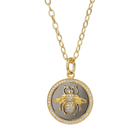 Queen Bee Diamond Pendant 18k Yellow Gold and Oxidized Silver
