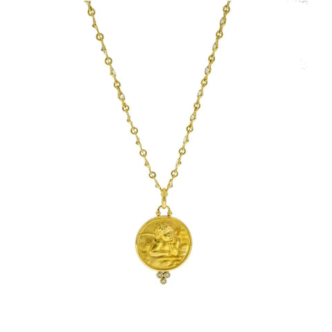 Temple St Clair Angel Pendant with Yellow Gold White Sapphires Chain