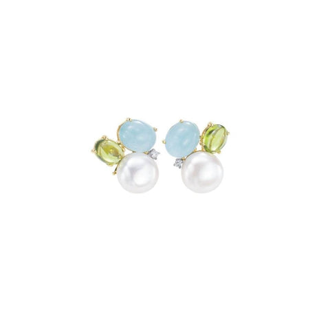 14KT YELLOW GOLD PEARL, PERIDOT AND AQUA CLUSTER EARRINGS